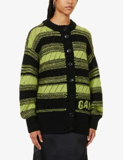 Ganni Logo-knit Striped Organic-wool Cardigan -Reisi Clothing Shop R04152924 BLACK ALT02