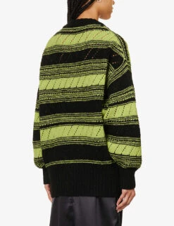 Ganni Logo-knit Striped Organic-wool Cardigan -Reisi Clothing Shop R04152924 BLACK ALT03