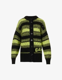 Ganni Logo-knit Striped Organic-wool Cardigan