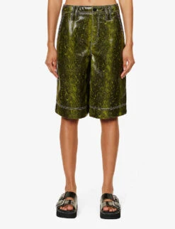 Ganni Snake-print Wide-leg Faux-leather Shorts -Reisi Clothing Shop R04152927 SPINACHGREEN ALT02