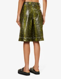 Ganni Snake-print Wide-leg Faux-leather Shorts -Reisi Clothing Shop R04152927 SPINACHGREEN ALT03