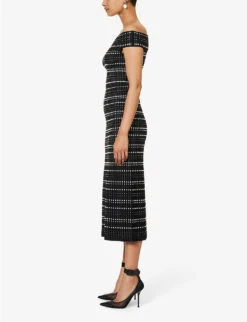 Alexander McQueen Off-the-shoulder Stripe Knitted Midi Dress -Reisi Clothing Shop R04153287 BLACKWHITE ALT02