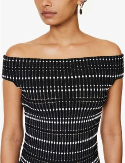 Alexander McQueen Off-the-shoulder Stripe Knitted Midi Dress -Reisi Clothing Shop R04153287 BLACKWHITE ALT04