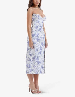 Charlotte Floral-print Fitted-corset Stretch-woven Midi Dress -Reisi Clothing Shop R04154060 BLUE ALT02