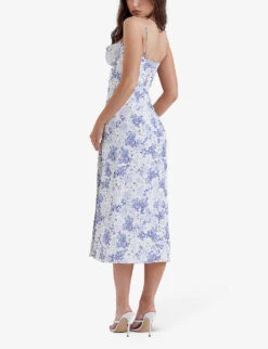 Charlotte Floral-print Fitted-corset Stretch-woven Midi Dress -Reisi Clothing Shop R04154060 BLUE ALT03