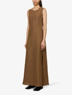 Sleeveless Round-neck Linen Maxi Dress -Reisi Clothing Shop R04157386 OLIVE ALT02