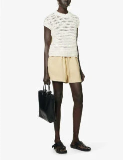 Mid-rise Elasticated-waistband Linen Shorts -Reisi Clothing Shop R04157396 BEIGE ALT01