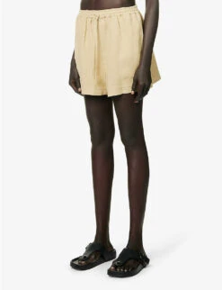 Mid-rise Elasticated-waistband Linen Shorts -Reisi Clothing Shop R04157396 BEIGE ALT02
