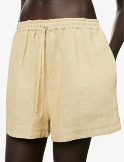 Mid-rise Elasticated-waistband Linen Shorts -Reisi Clothing Shop R04157396 BEIGE ALT04