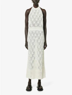 Halterneck Open-back Organic-linen Knitted Maxi Dress -Reisi Clothing Shop R04157408 WHITE ALT02