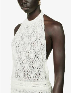 Halterneck Open-back Organic-linen Knitted Maxi Dress -Reisi Clothing Shop R04157408 WHITE ALT04