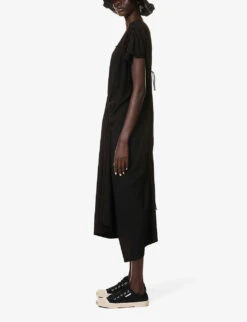 Ruched Asymmetric-hem Rayon Midi Dress -Reisi Clothing Shop R04158029 BLACK ALT01