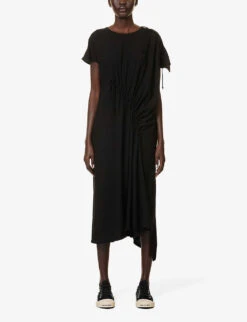 Ruched Asymmetric-hem Rayon Midi Dress -Reisi Clothing Shop R04158029 BLACK ALT02