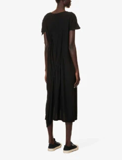 Ruched Asymmetric-hem Rayon Midi Dress -Reisi Clothing Shop R04158029 BLACK ALT03