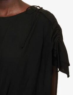 Ruched Asymmetric-hem Rayon Midi Dress -Reisi Clothing Shop R04158029 BLACK ALT04