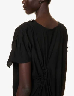 Ruched Asymmetric-hem Rayon Midi Dress -Reisi Clothing Shop R04158029 BLACK ALT05