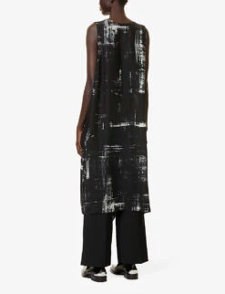 Abstract-pattern Split-hem Silk Midi Dress -Reisi Clothing Shop R04158030 BLUE ALT03