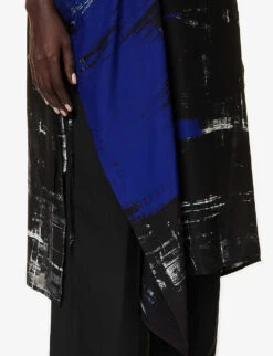 Abstract-pattern Split-hem Silk Midi Dress -Reisi Clothing Shop R04158030 BLUE ALT05