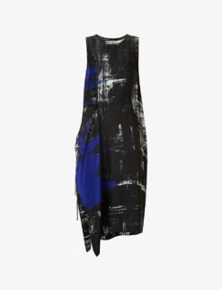 Abstract-pattern Split-hem Silk Midi Dress