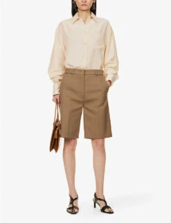 Sportmax Ocra Pressed-crease Regular-fit Cotton-blend Shorts -Reisi Clothing Shop R04158876 BEIGE ALT01