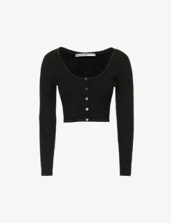ALEXANDER WANG Crystal-embellished Cropped Stretch-woven Knitted Cardigan