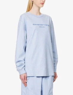 ALEXANDER WANG Glittered Logo-print Long-sleeved Cotton-jersey T-shirt 9 ALEXANDER WANG Glittered Logo-print Long-sleeved Cotton-jersey T-shirt -Reisi Clothing Shop R04160693 LIGHTBLUEHEATHER ALT02