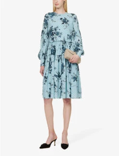 Erdem Floral-print Tiered-hem Woven Midi Dress -Reisi Clothing Shop R04160740 WALLPAPERROSELTBLUE ALT01