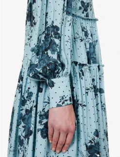 Erdem Floral-print Tiered-hem Woven Midi Dress -Reisi Clothing Shop R04160740 WALLPAPERROSELTBLUE ALT04