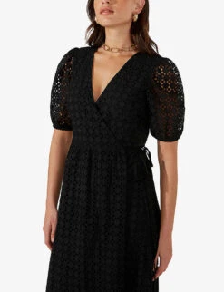 Broderie-anglaise V-neck Cotton Midi Dress -Reisi Clothing Shop R04161714 BLACK ALT02