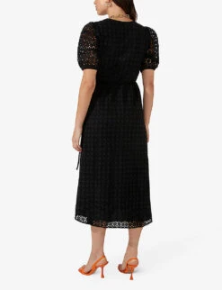 Broderie-anglaise V-neck Cotton Midi Dress -Reisi Clothing Shop R04161714 BLACK ALT03