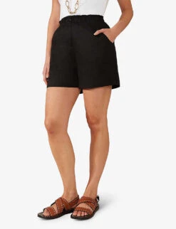 Regular-fit Elasticated-waist Linen Shorts -Reisi Clothing Shop R04161741 BLACK ALT02