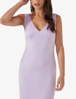 Jacquard-pattern V-neck Satin Midi Dress -Reisi Clothing Shop R04161763 LILAC ALT02