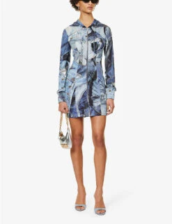 MOSCHINO Denim-patchwork Hooded Stretch-mesh Mini Dress -Reisi Clothing Shop R04162973 FANTASYPRINT ALT01