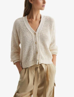 Reiss Adeena Button-through V-neck Linen And Cotton-blend Cardigan -Reisi Clothing Shop R04164806 NEUTRAL ALT02