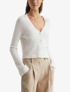 Reiss Celia Ribbed V-neck Linen-blend Cardigan -Reisi Clothing Shop R04164807 IVORY ALT02