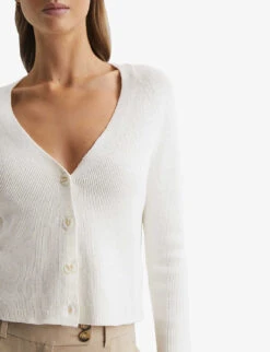 Reiss Celia Ribbed V-neck Linen-blend Cardigan -Reisi Clothing Shop R04164807 IVORY ALT04