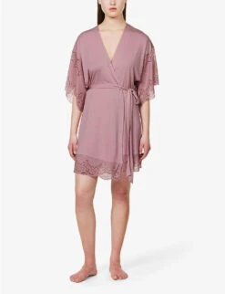 Eberjey Beatrix Lace-trim Stretch-jersey Robe -Reisi Clothing Shop R04166191 FOXGLOVE ALT01
