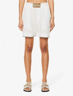 Palm Angels Branded Relaxed-fit Linen Shorts -Reisi Clothing Shop R04166265 OFFWHITEBEIGE ALT02