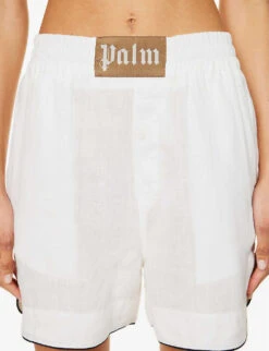 Palm Angels Branded Relaxed-fit Linen Shorts -Reisi Clothing Shop R04166265 OFFWHITEBEIGE ALT04