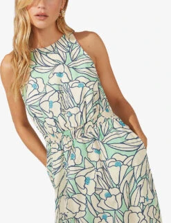 Floral-print Gathered-waist Cotton Maxi Dress -Reisi Clothing Shop R04166385 GREEN ALT02