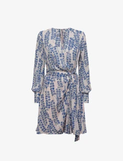 Reiss Marine Leaf-print Metallic-lurex Woven Mini Dress