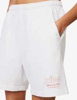 Sporty & Rich X Prince Brand-print Cotton-jersey Shorts -Reisi Clothing Shop R04173076 WHITERED ALT04