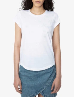 Zadig & Voltaire Skinny Stars Crystal-embellished Woven T-shirt -Reisi Clothing Shop R04180440 BLANC ALT02