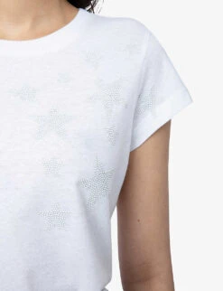 Zadig & Voltaire Skinny Stars Crystal-embellished Woven T-shirt -Reisi Clothing Shop R04180440 BLANC ALT04