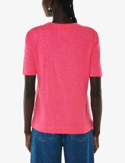 Whistles Double Neckline-trim Relaxed-silhouette Cotton-jersey T-shirt -Reisi Clothing Shop R04184595 BRIGHTPINKFUSCHIA ALT03