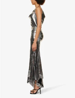 Cowl-neck Metallic Stretch-woven Midi Dress -Reisi Clothing Shop R04186762 SILVER ALT02