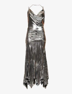 Cowl-neck Metallic Stretch-woven Midi Dress