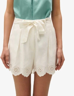 CLAUDIE PIERLOT Scalloped-trim Belted-waist Linen-blend Shorts -Reisi Clothing Shop R04189895 NATURELS ALT04