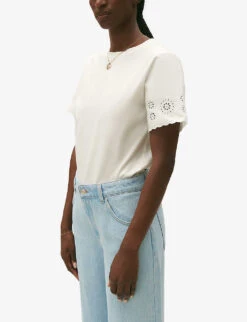 CLAUDIE PIERLOT Trad Broderie Anglaise-sleeve Cotton T-shirt -Reisi Clothing Shop R04189902 NATURELS ALT02
