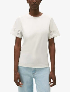 CLAUDIE PIERLOT Trad Broderie Anglaise-sleeve Cotton T-shirt -Reisi Clothing Shop R04189902 NATURELS ALT04